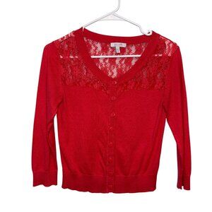 Delias Vintage Deep Coral Lace-Trim Button-Up Cardigan Sweater Womens M